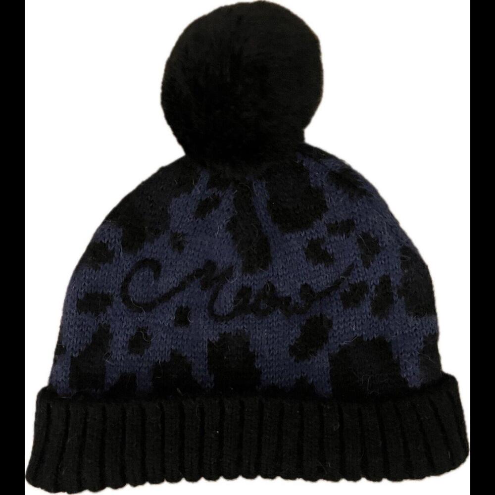 Kate Spade New York Adriatic Blue Leopard MEOW Pompom Wool Beanie One Size